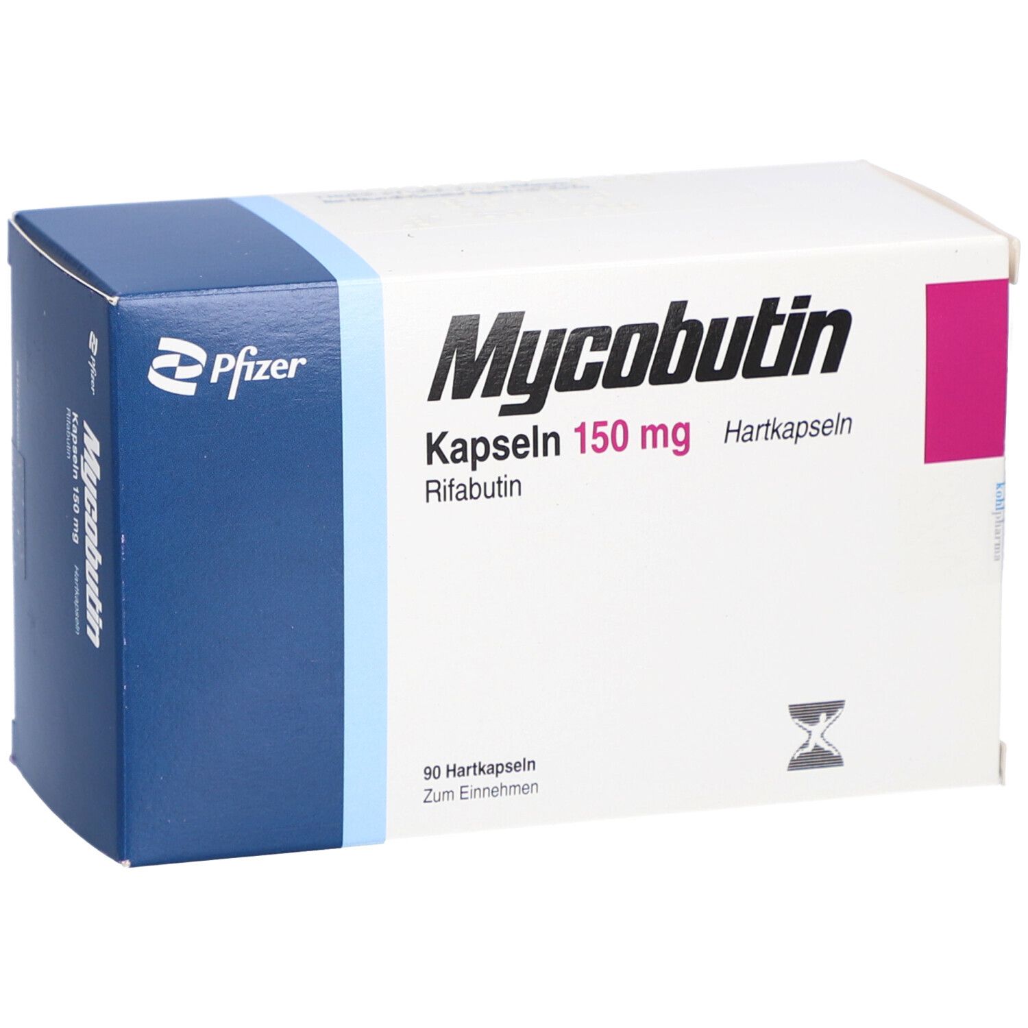 Schachtel mit Mycobutin 150 mg Hartkapseln. Aufschrift: Pfizer. Enthält 90 Hartkapseln. Rosa Akzent.