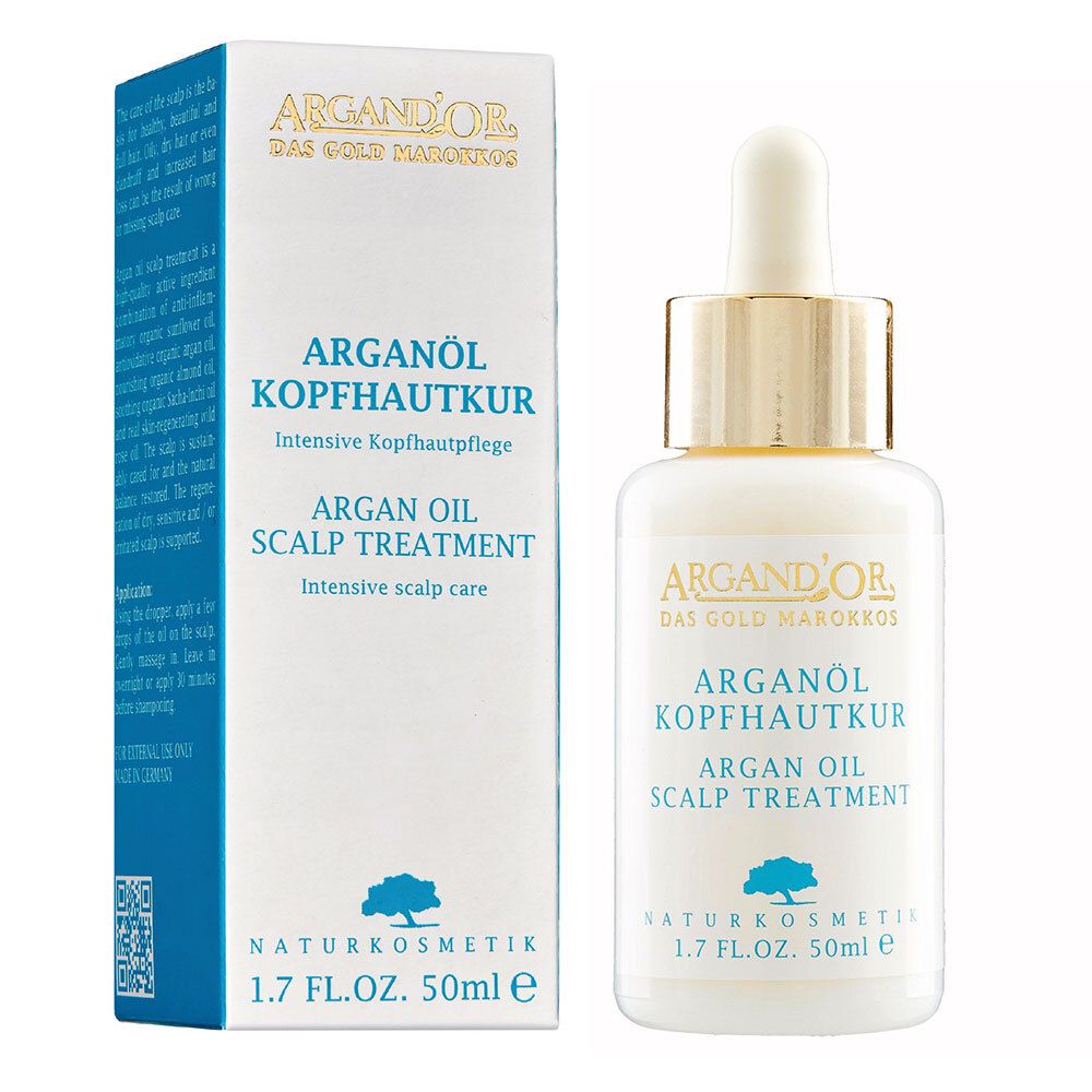 Flasche und Schachtel mit Produktaufschrift: Arganöl Kopfhautkur. Naturkosmetik. 1.7 FL.OZ. 50ml e.