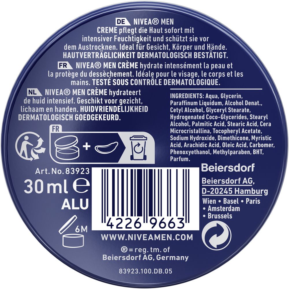Rückseite einer NIVEA MEN Creme Dose mit Inhaltsstoffen und Anwendungshinweisen.