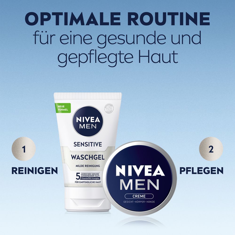 NIVEA MEN Creme Dose neben einer NIVEA MEN Waschgel Tube, Teil einer Hautpflegeroutine.