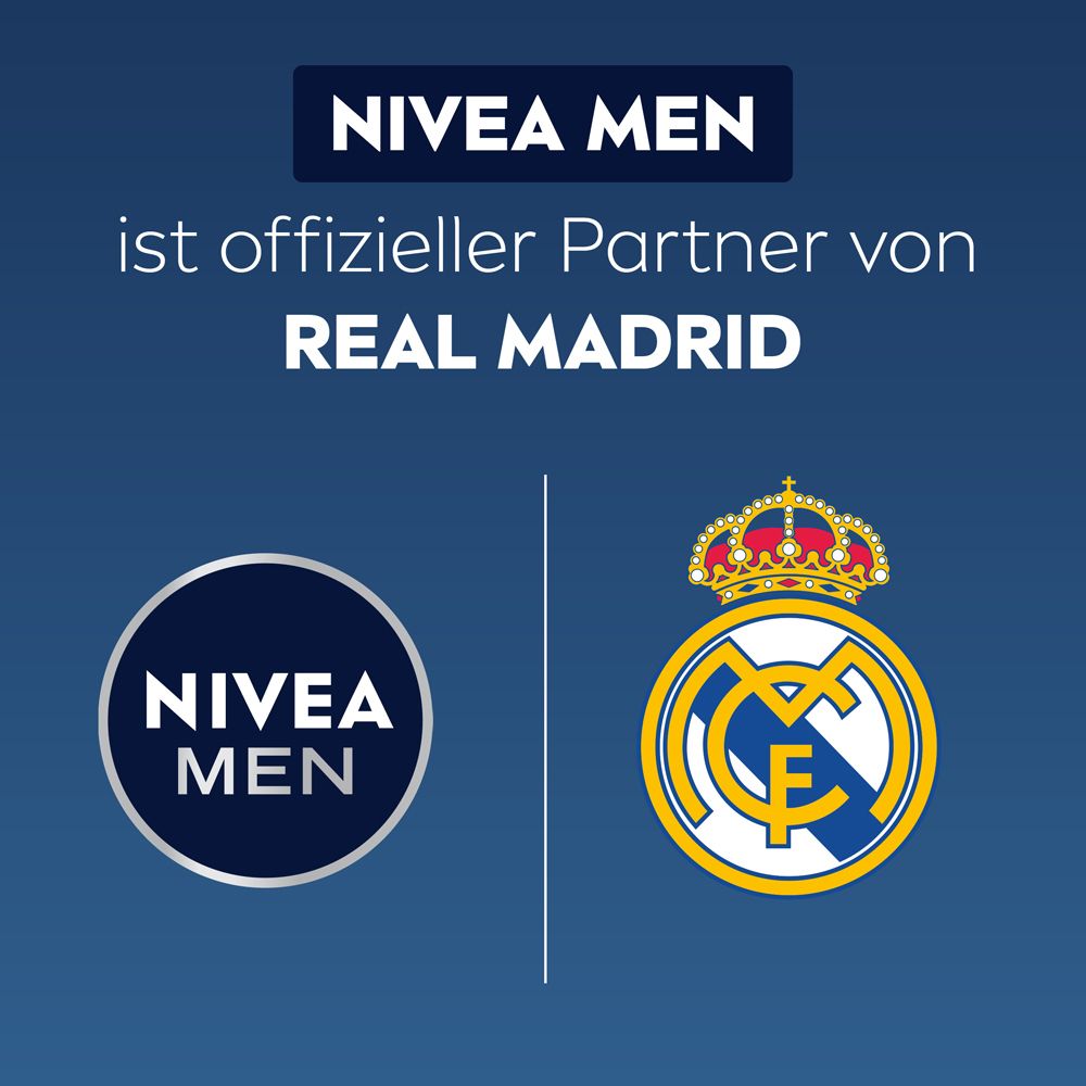 NIVEA MEN ist offizieller Partner von REAL MADRID, mit Logos von NIVEA MEN und Real Madrid.