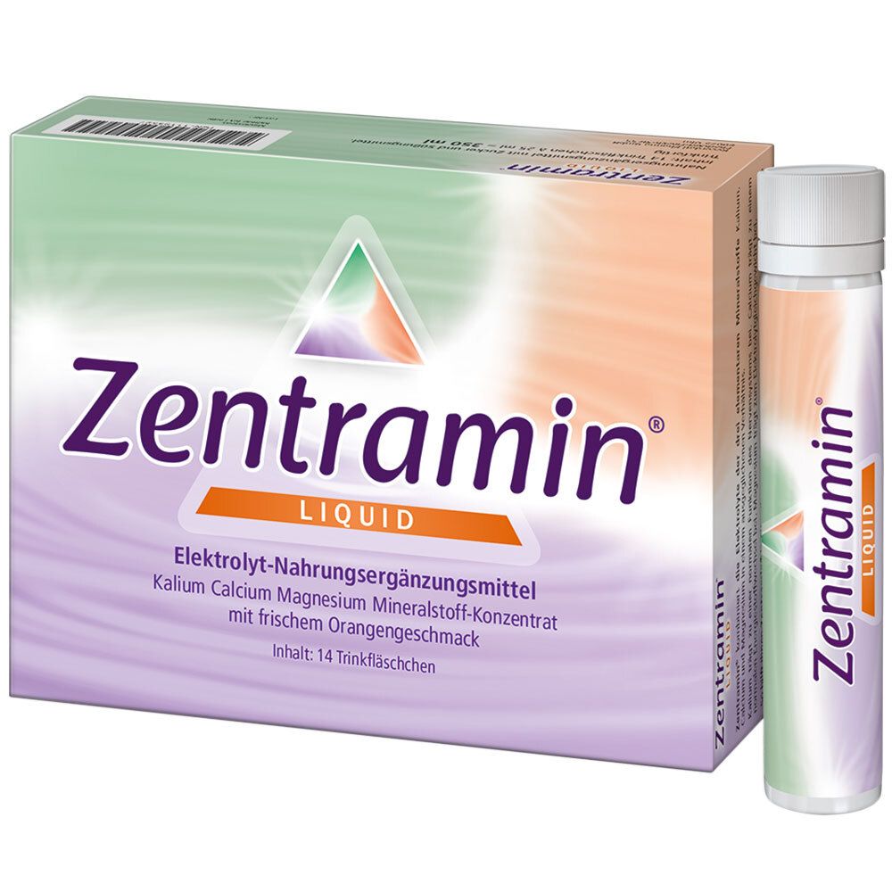 Verpackung und Trinkflasche mit der Aufschrift Zentramin Liquid. Auf der Verpackung steht Elektrolyt-Nahrungsergänzungsmittel.