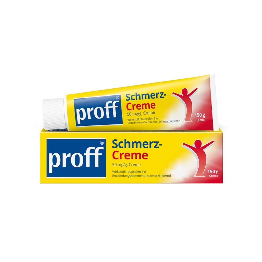 Gelbe Tube und Schachtel mit Aufschrift "proff Schmerz-Creme". Roter Mensch-Piktogramm. 150g.