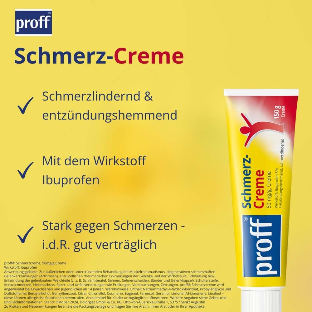 Produktabbildung. Gelbe Tube mit Aufschrift "Schmerz-Creme". Text: schmerzlindernd, entzündungshemmend, mit Ibuprofen.
