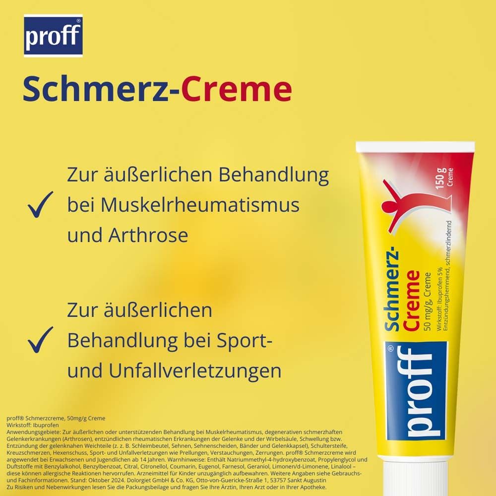 Produktabbildung. Gelbe Tube mit Aufschrift "Schmerz-Creme". Text: Behandlung bei Muskelrheumatismus und Sportverletzungen.