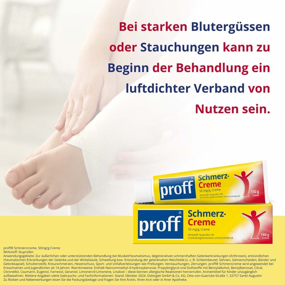 Werbebild mit Fuß. Aufschrift: "Bei Blutergüssen oder Stauchungen kann ein luftdichter Verband nützlich sein". Produktabbildung.