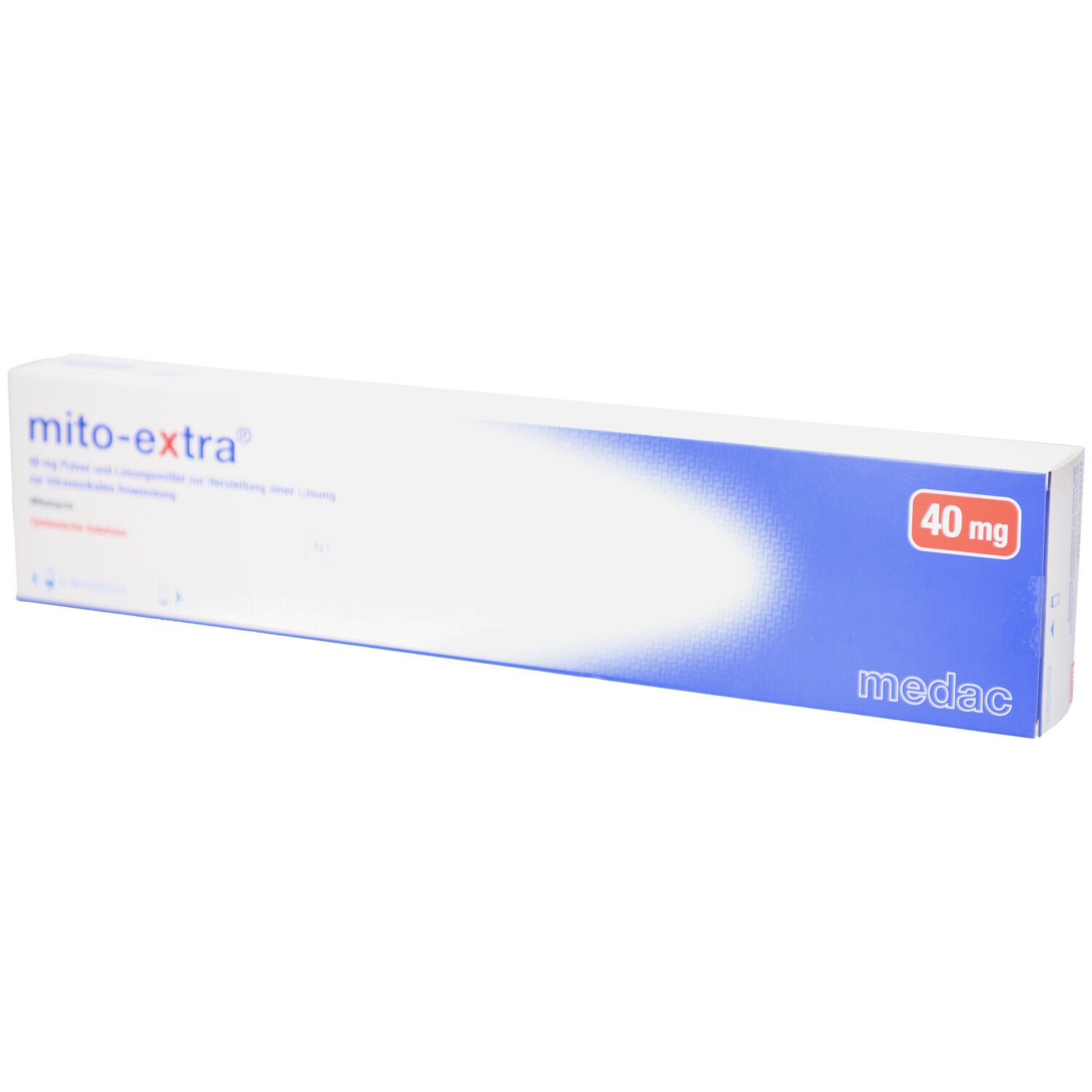 Schachtel mit "mito-extra® 40 mg". Blaue und weiße Verpackung. "medac"-Logo.