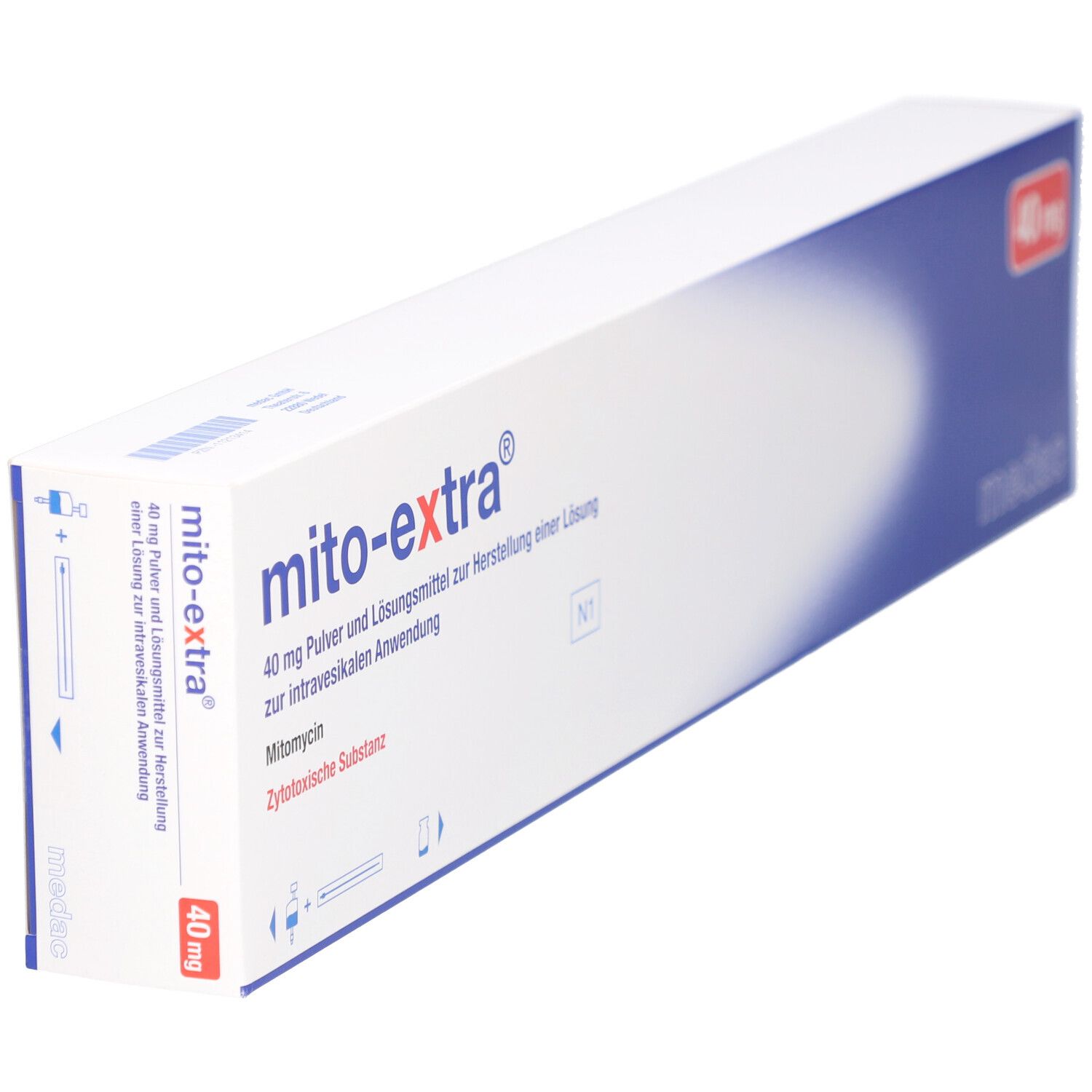 Schachtel "mito-extra® 40 mg". Blaue und weiße Verpackung. "medac"-Logo. Aufschrift: 40 mg Pulver und Lösungsmittel.