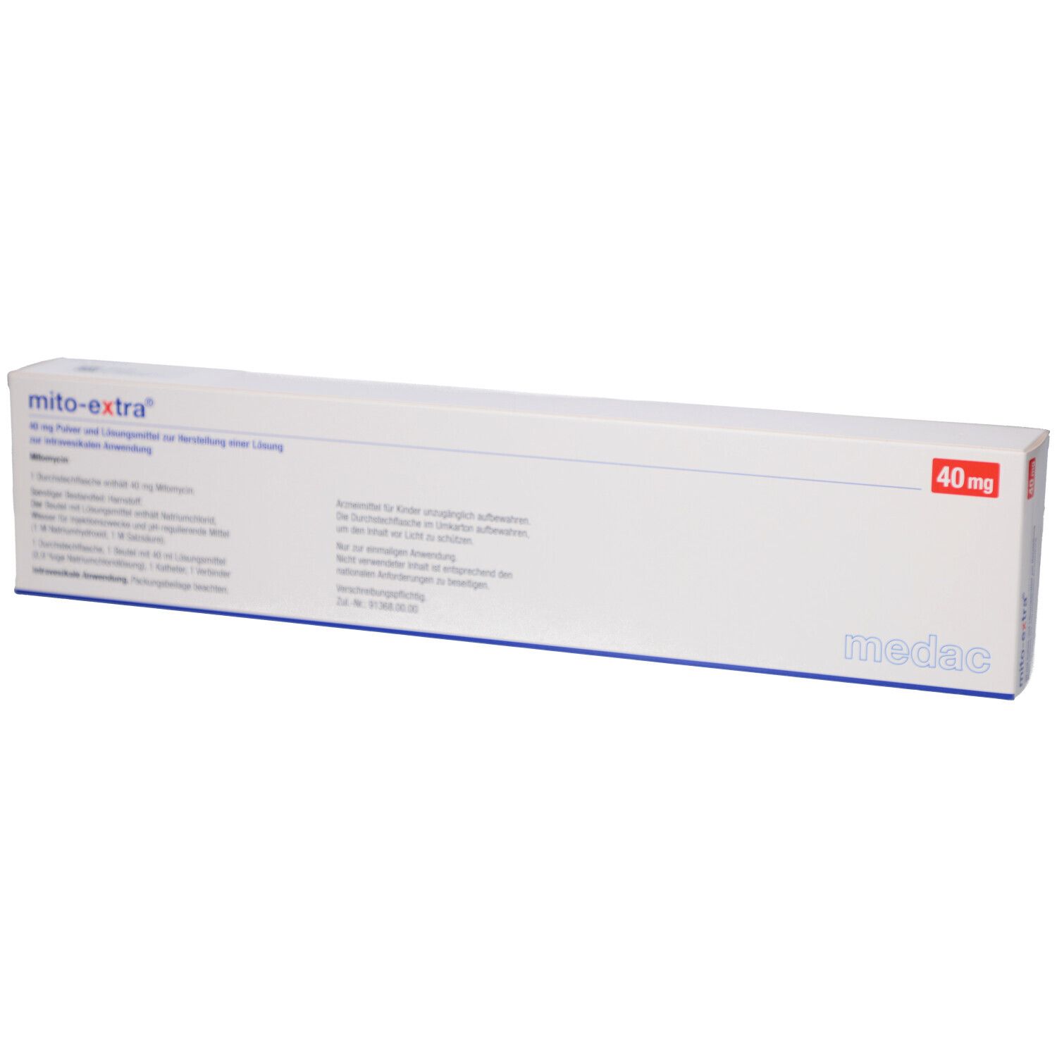 Schachtel "mito-extra® 40 mg". Blaue und weiße Verpackung. "medac"-Logo. Aufschrift: 40 mg Pulver und Lösungsmittel.