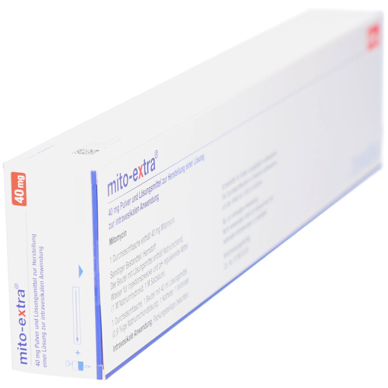 Schachtel "mito-extra® 40 mg". Blaue und weiße Verpackung. "medac"-Logo. Aufschrift: 40 mg Pulver und Lösungsmittel.