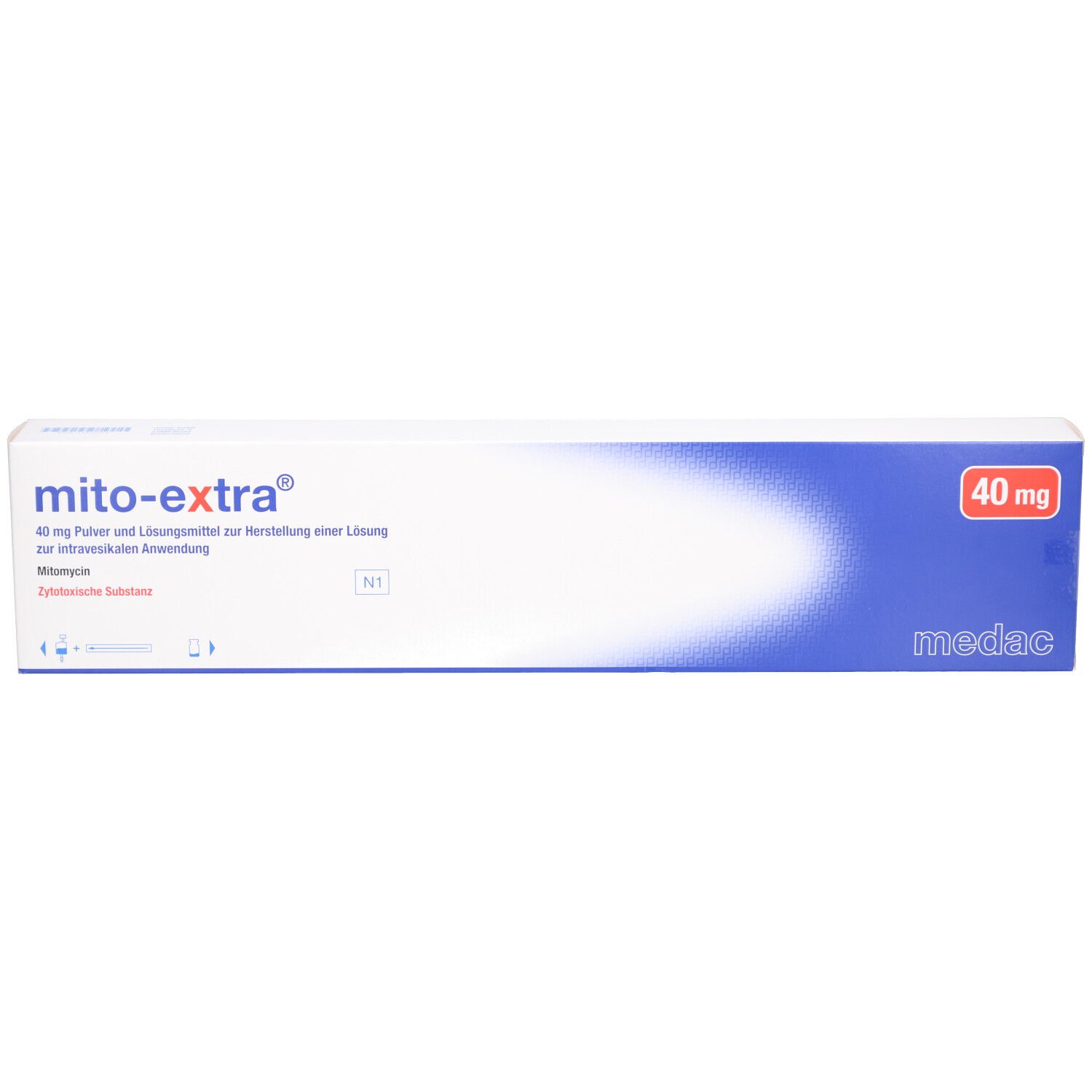 Schachtel "mito-extra® 40 mg". Blaue und weiße Verpackung. "medac"-Logo. Aufschrift: 40 mg Pulver und Lösungsmittel.