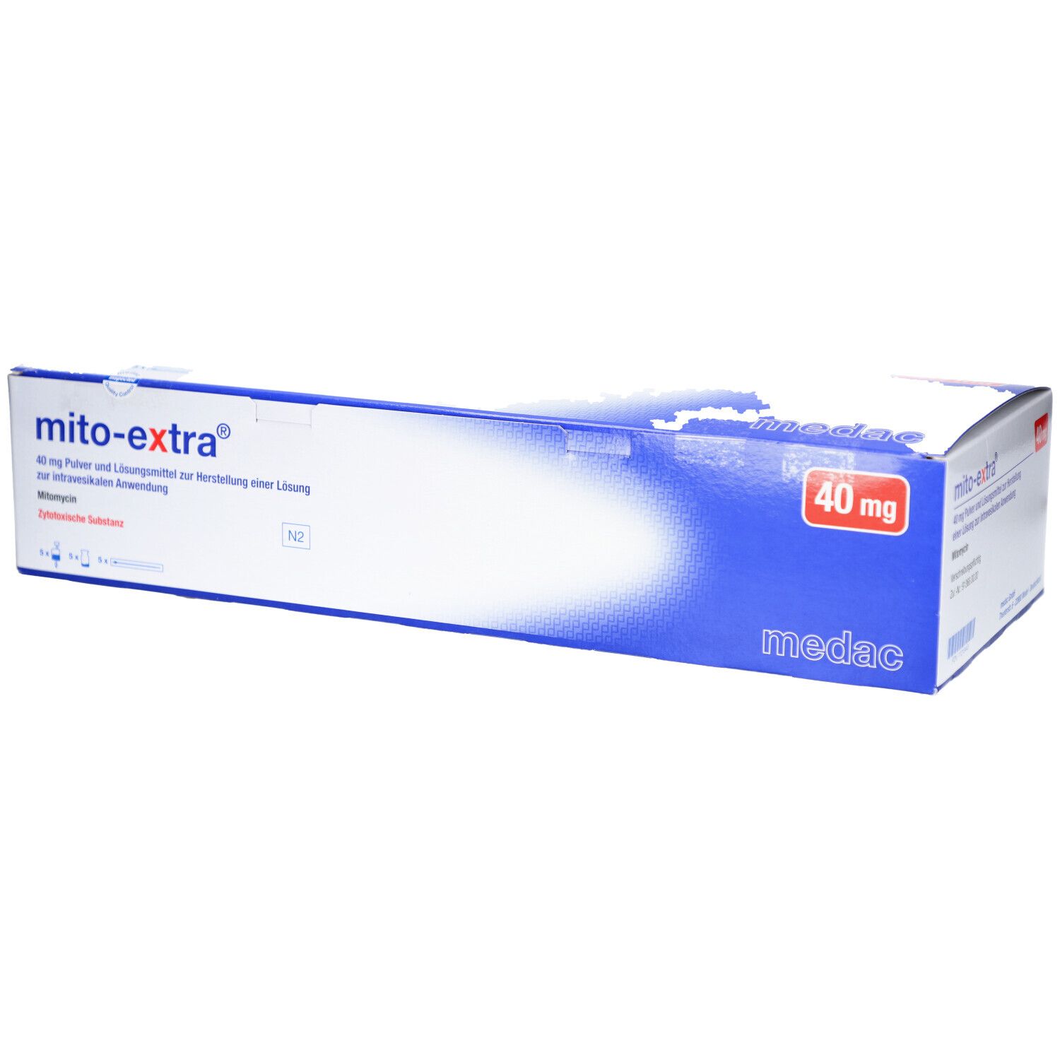 Karton von mito-extra® 40 mg. Blaue und weiße Verpackung mit Produktnamen und Dosierung. Medac-Logo.