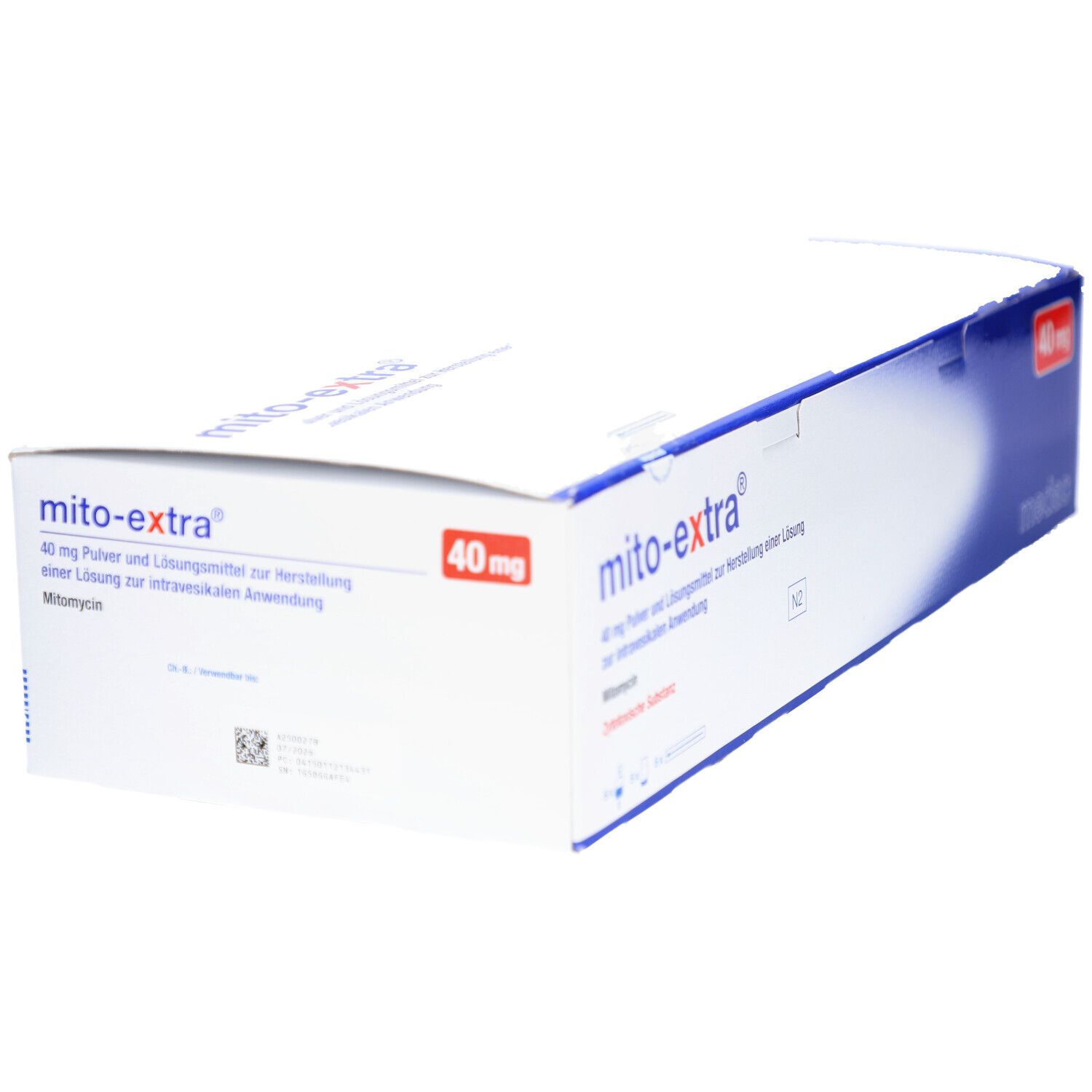 Karton von mito-extra® 40 mg. Blaue und weiße Verpackung mit Produktnamen und Dosierung. Medac-Logo.