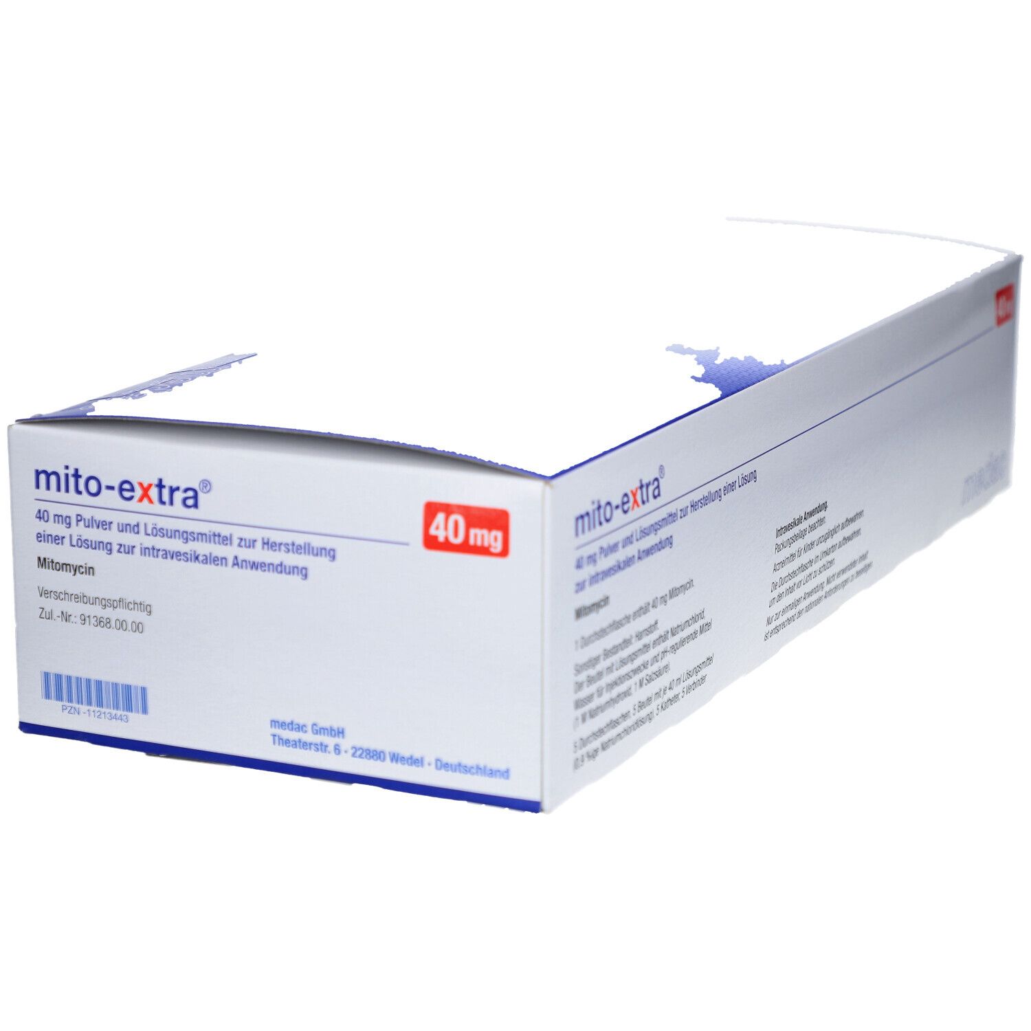 Schachtel von mito-extra® 40 mg. Blaue und weiße Verpackung mit Produktnamen und Dosierung.