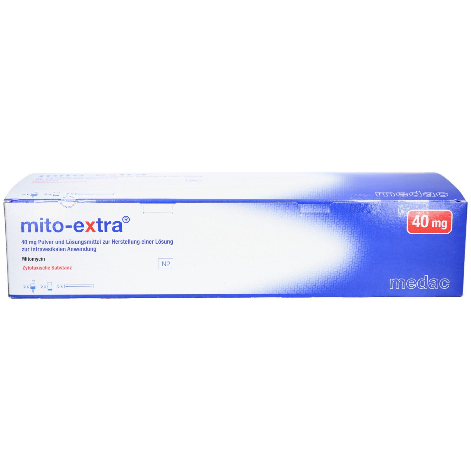 Verpackung von mito-extra® 40 mg. Blaue und weiße Schachtel mit Produktnamen und Dosierung.