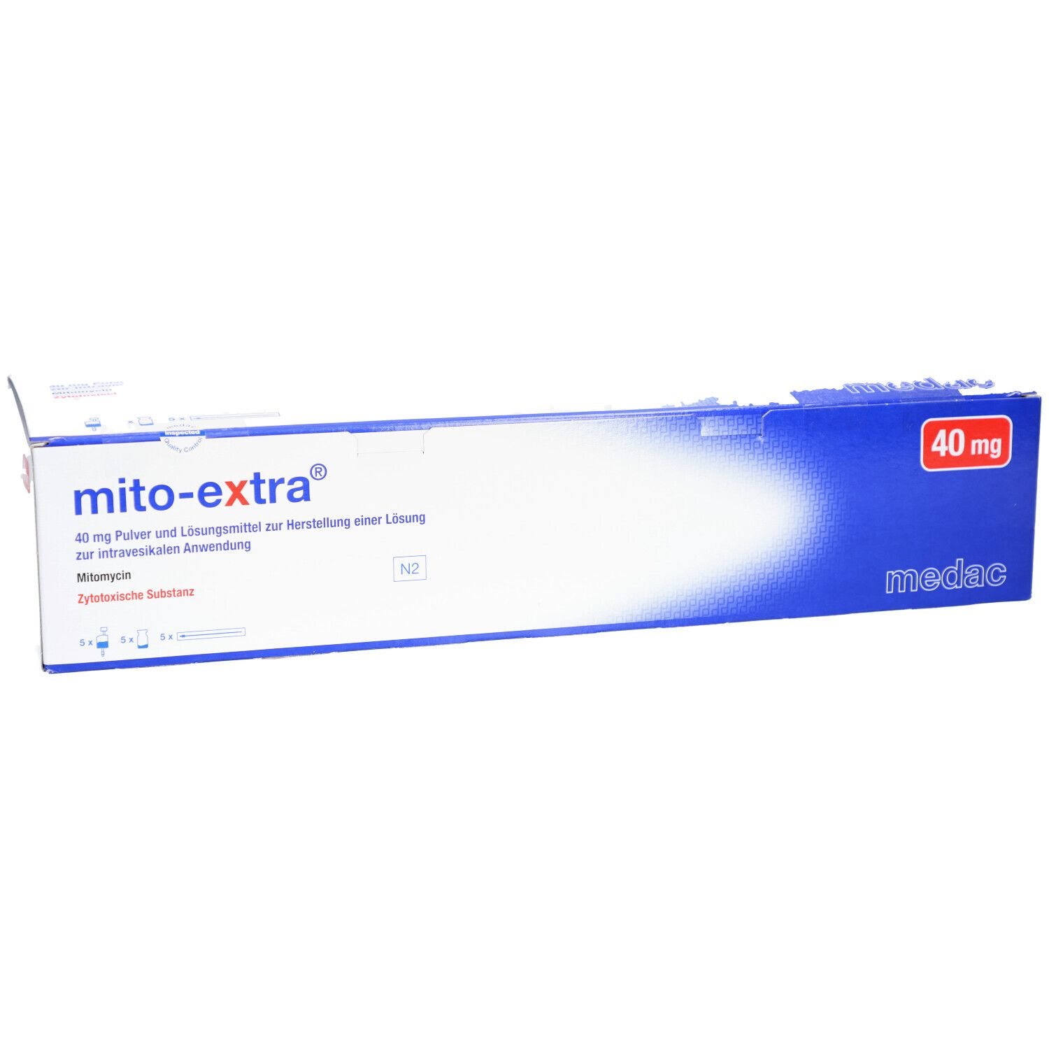 Karton von mito-extra® 40 mg. Blaue und weiße Verpackung mit Produktnamen und Dosierung. Medac-Logo.