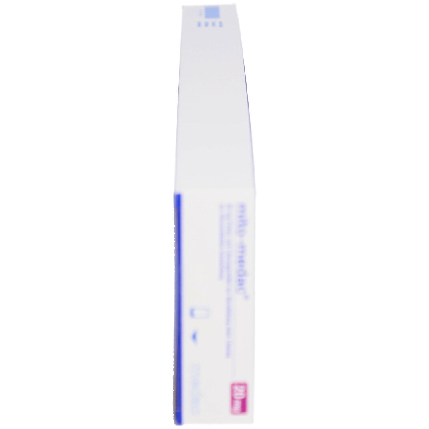 Schachtel mit "mito-medac® 20 mg". Weiße Verpackung mit blauen und rosa Akzenten. Produktname und Dosierung deutlich sichtbar.