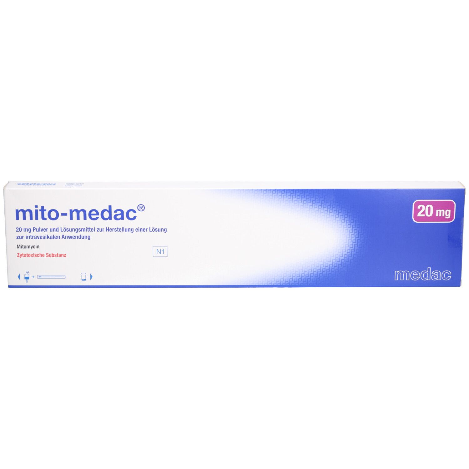 Verpackung "mito-medac® 20 mg". Rechteckige Schachtel, weiß mit blauen und rosa Details. Produktname, Dosierung und Herstellerangaben.