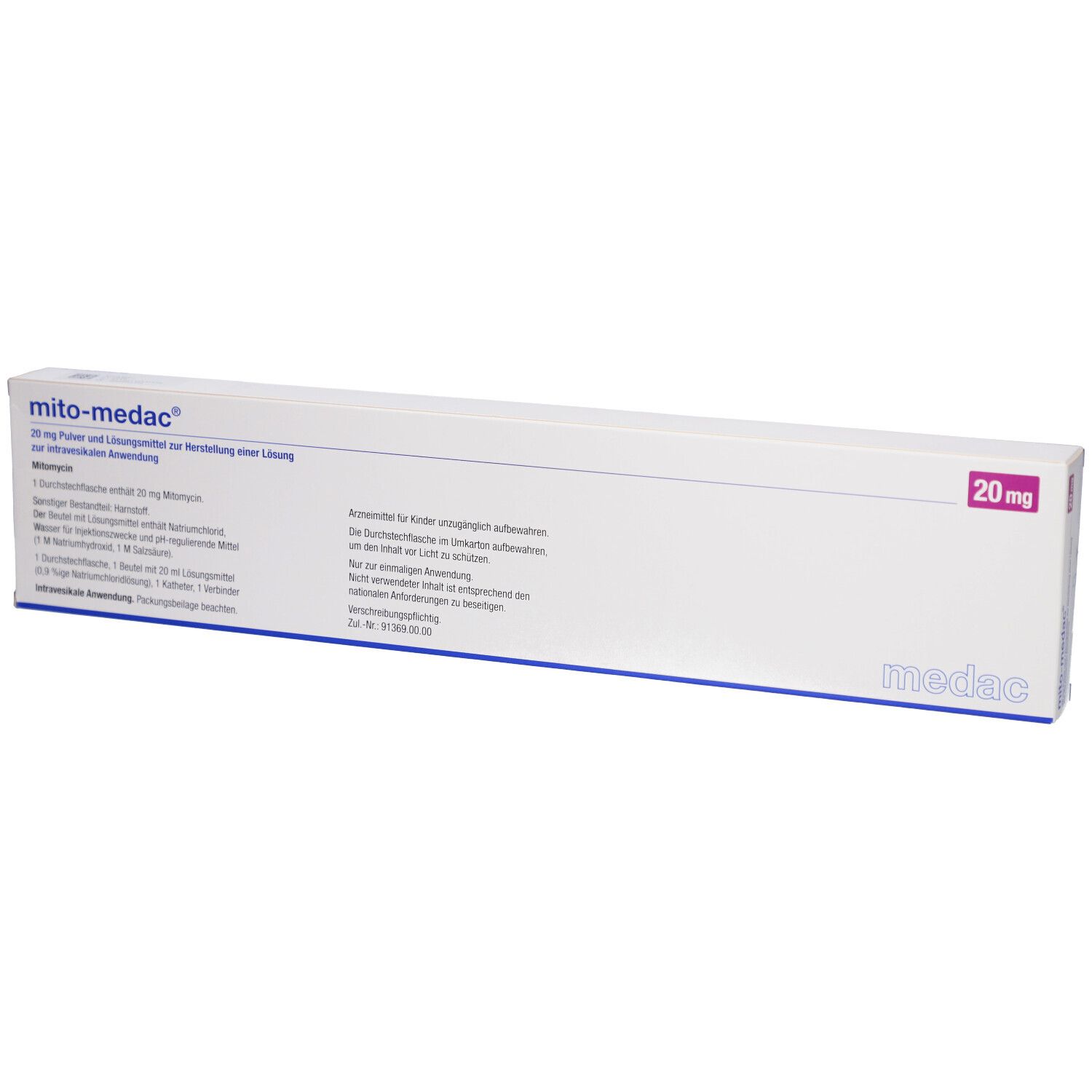 Schachtel "mito-medac® 20 mg". Weiße Verpackung mit blauen und rosa Akzenten. Produktname, Dosierung und Herstellerangaben sind sichtbar.