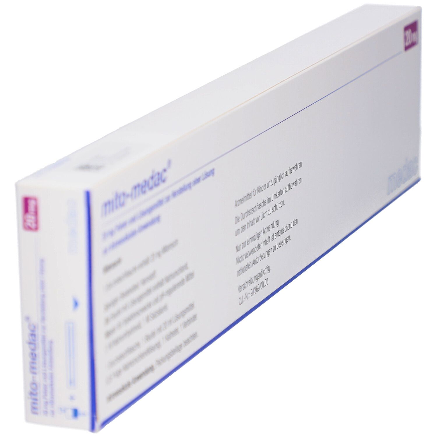 Schachtel "mito-medac® 20 mg" in schräger Ansicht. Weiße Verpackung mit blauen und rosa Akzenten. Produktname und Dosierung.