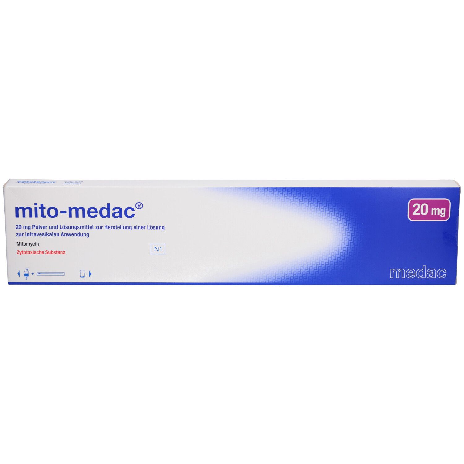 Verpackung "mito-medac® 20 mg". Rechteckige Schachtel, weiß mit blauen und rosa Details. Produktname und Dosierung deutlich sichtbar.