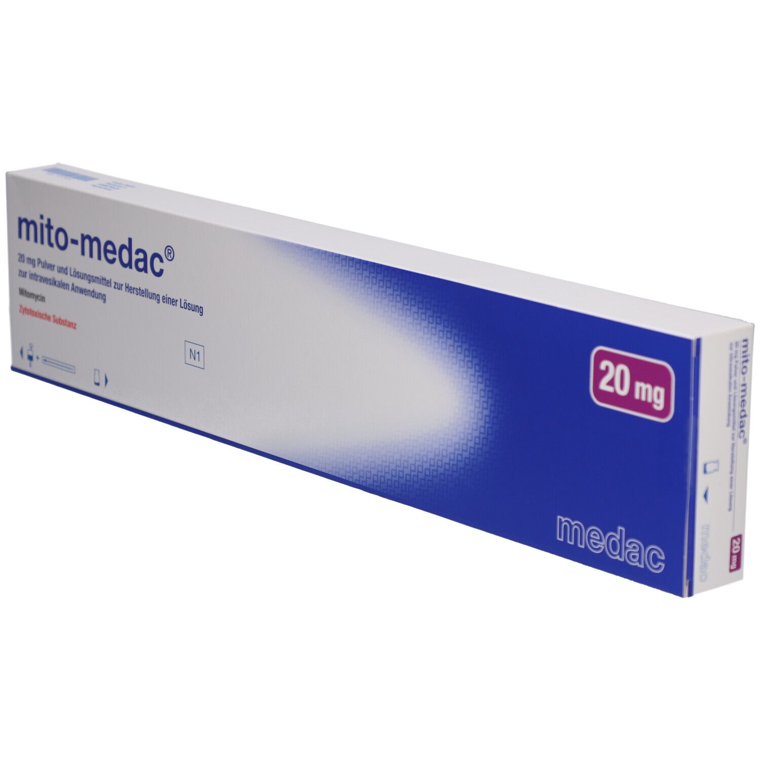 Schachtel "mito-medac® 20 mg" in schräger Ansicht. Weiße Verpackung mit blauen und rosa Akzenten. Produktname und Dosierung.