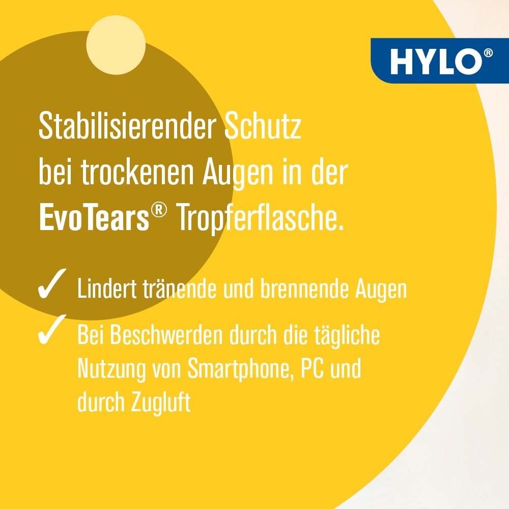 Gelber Hintergrund mit Text. Text: Stabilisierender Schutz bei trockenen Augen in der EvoTears Tropferflasche. Lindert tränende und brennende Augen.