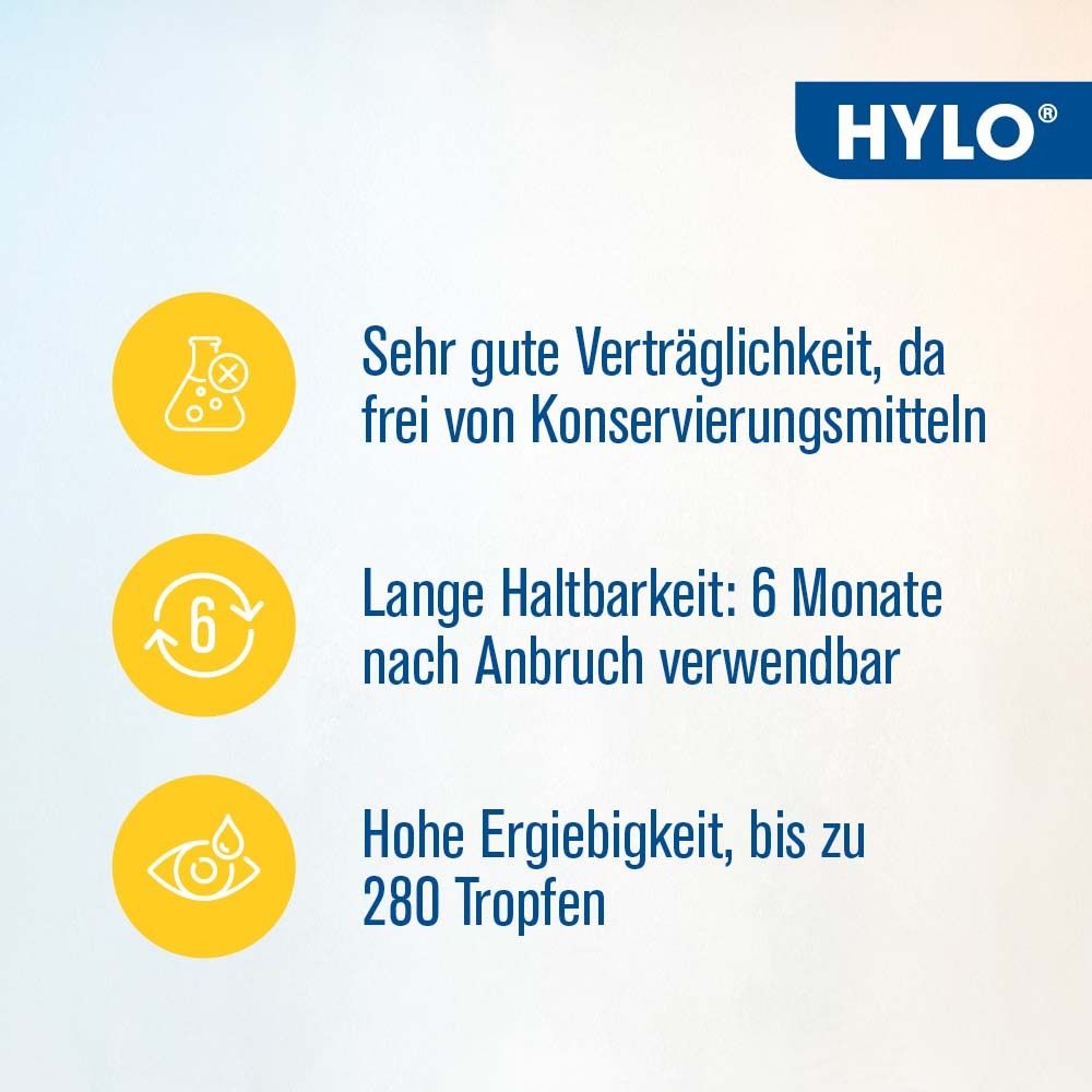 Gelber Hintergrund mit Text und Symbolen. Text: Sehr gute Verträglichkeit, lange Haltbarkeit, hohe Ergiebigkeit. Symbole: Reagenzglas, Uhr, Auge.