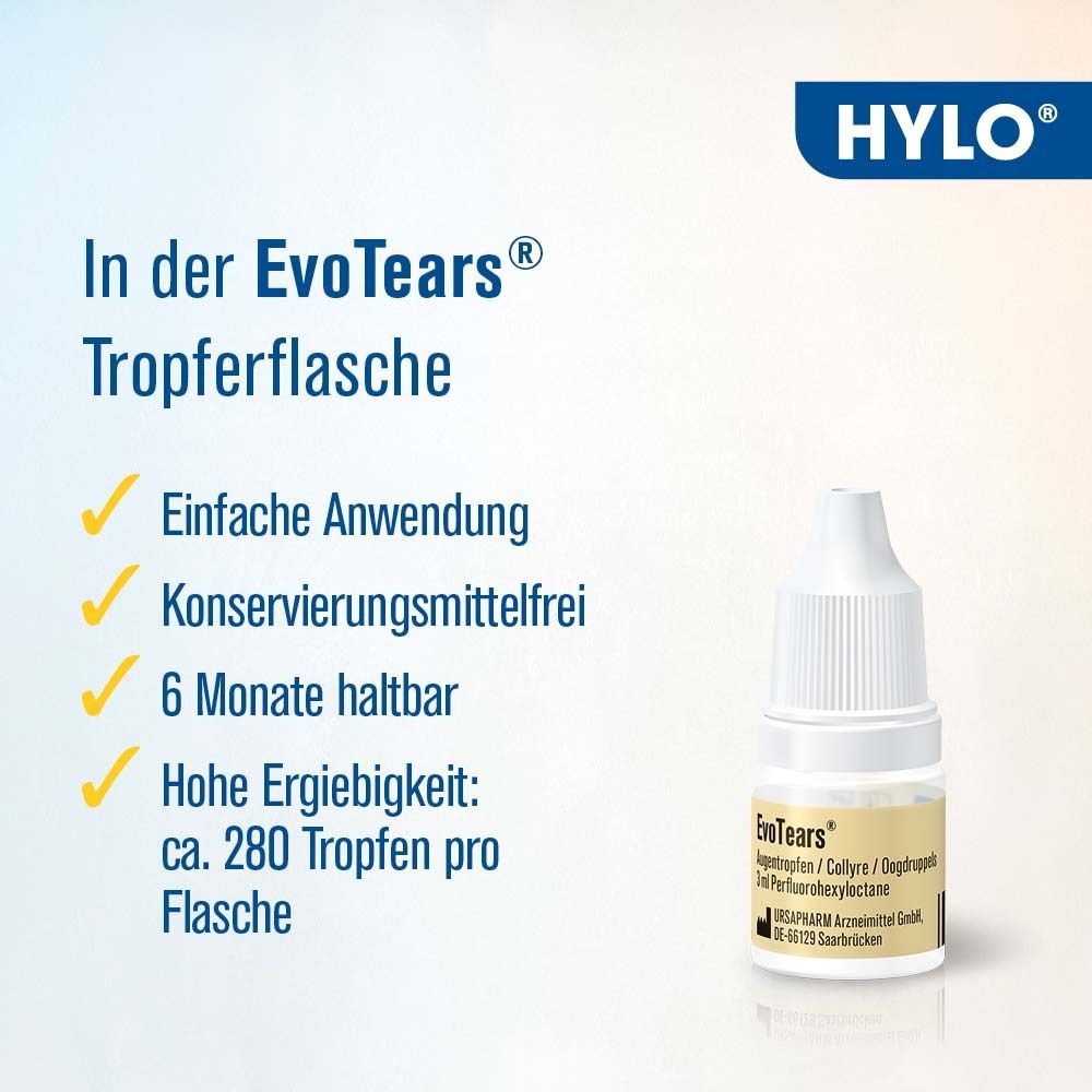 EvoTears Tropferflasche mit Text. Text: Einfache Anwendung, konservierungsmittelfrei, 6 Monate haltbar, hohe Ergiebigkeit: ca. 280 Tropfen pro Flasche.