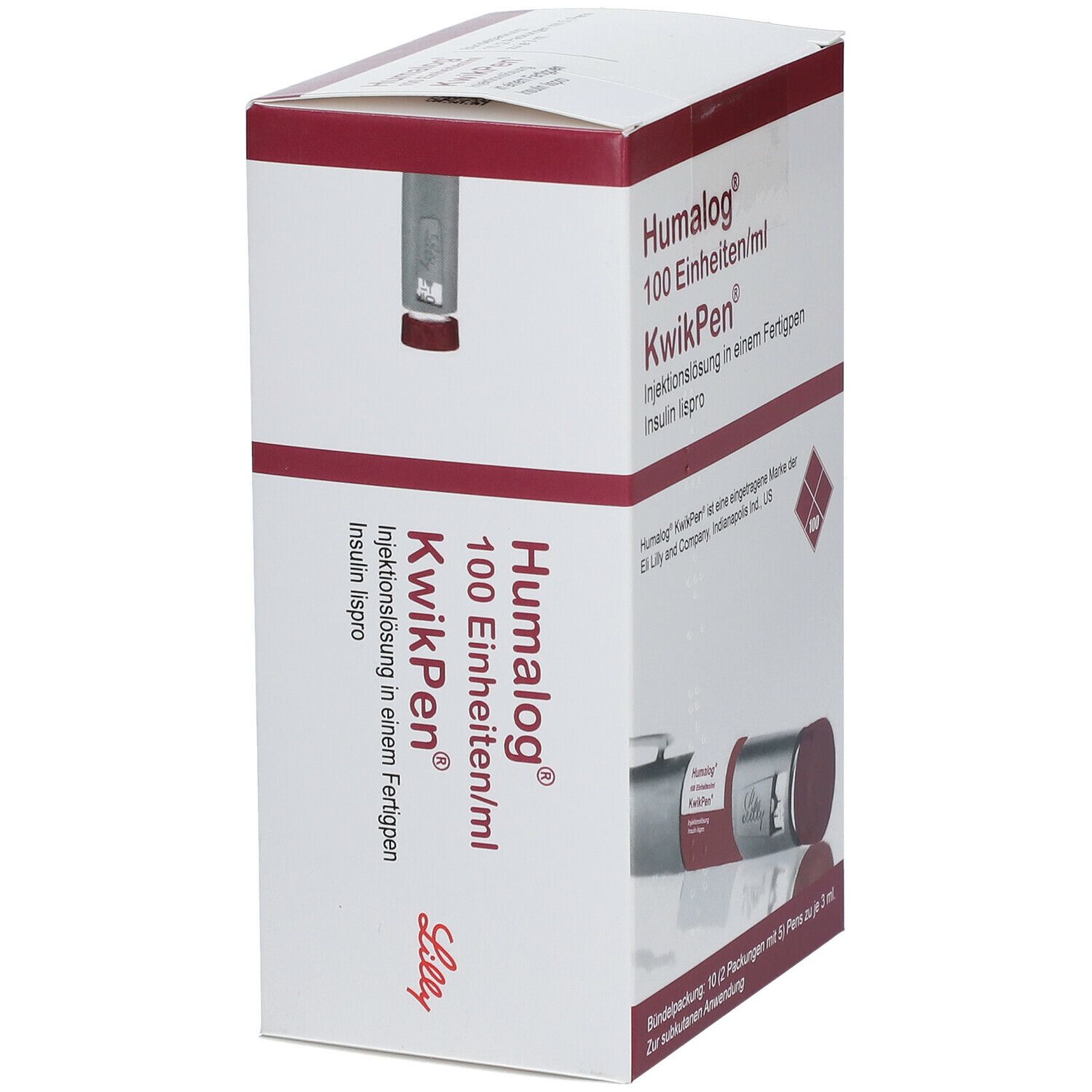 Karton mit Humalog 100 Einheiten/ml KwikPen. Aufdrucke: Insulin lispro, Lilly-Logo, Produktabbildung.