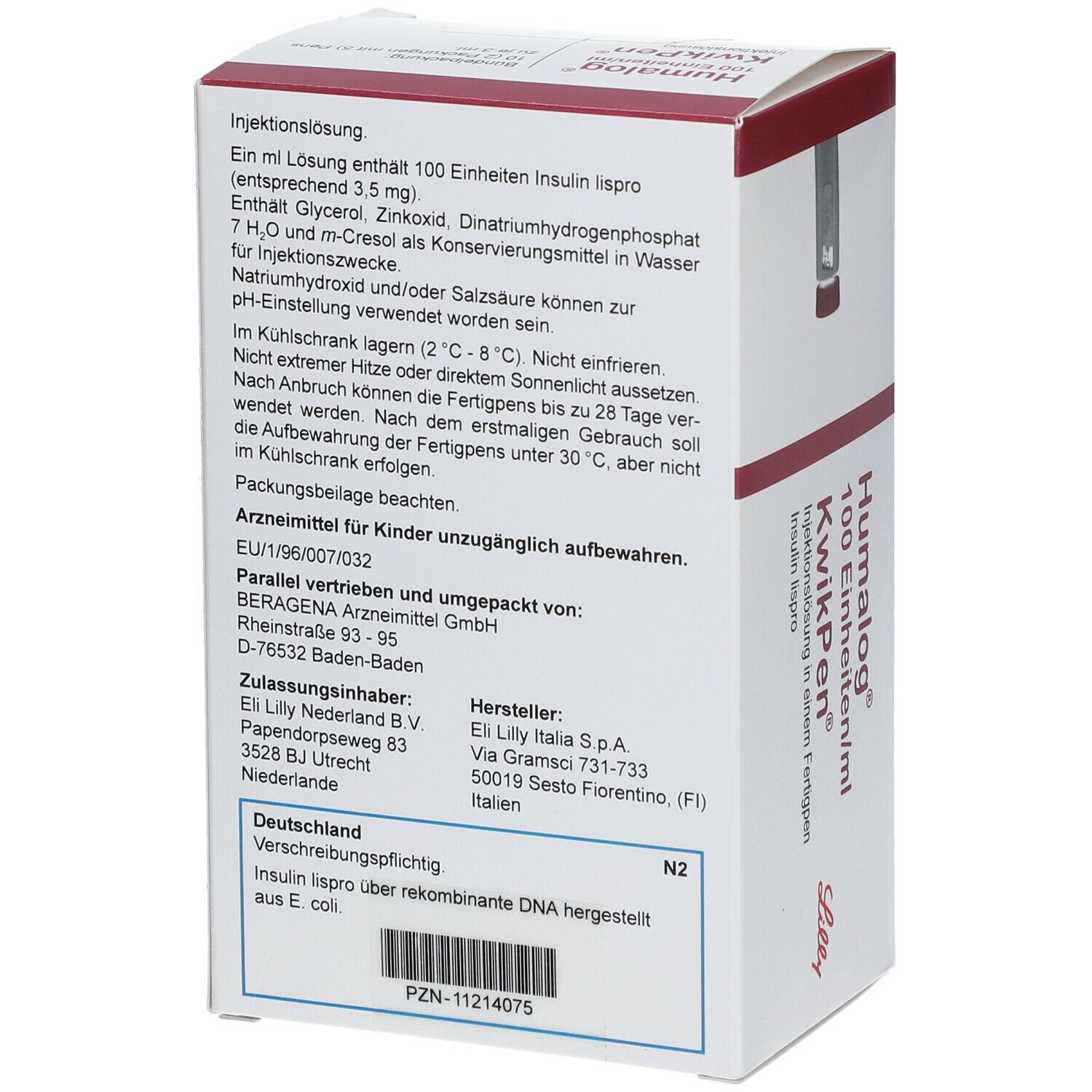 Rückseite der Humalog KwikPen-Verpackung. Text: Inhaltsstoffe, Herstellerinformationen, Chargennummer, Zulassungsnummer.