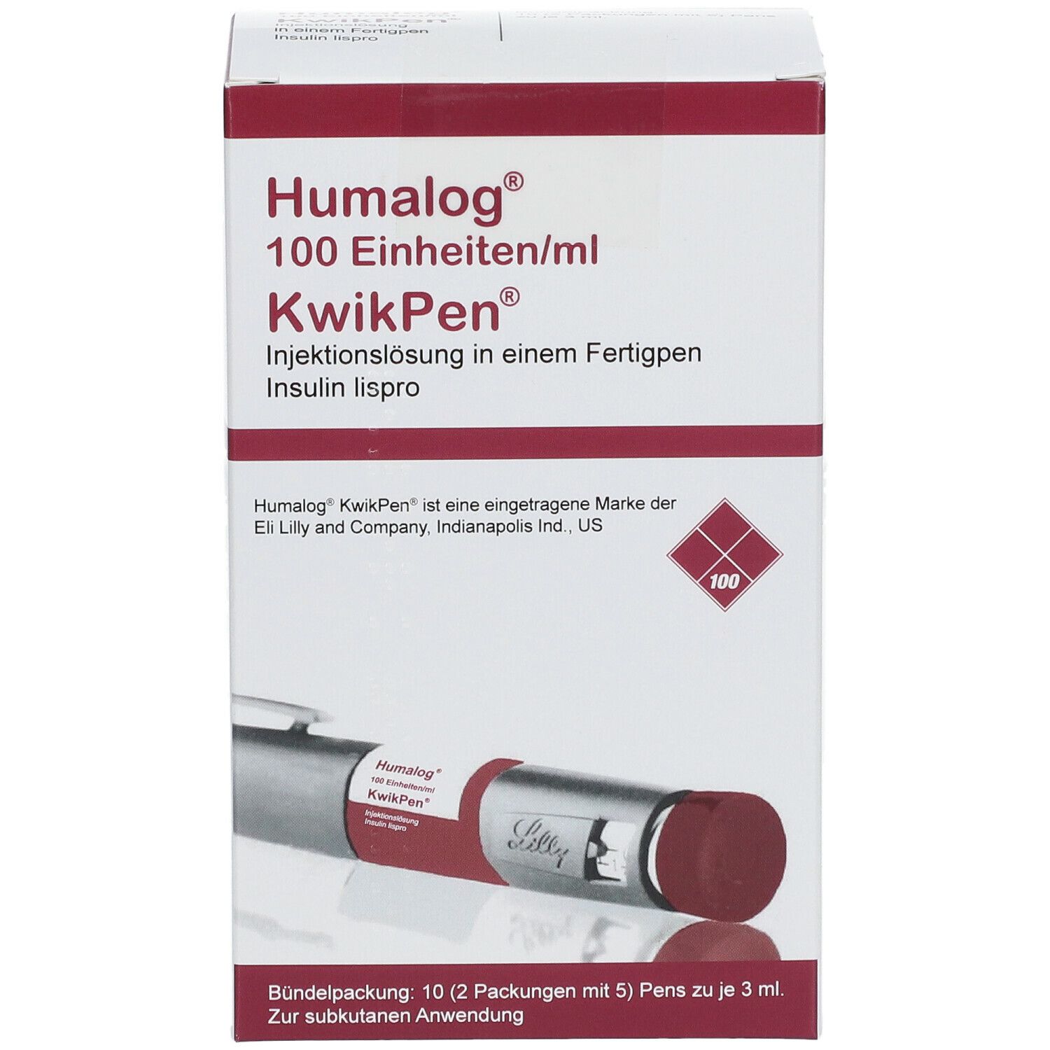 Humalog 100 Einheiten/ml KwikPen-Verpackung. Aufdrucke: Insulin lispro, Lilly-Logo, Produktabbildung, 100-Marke.