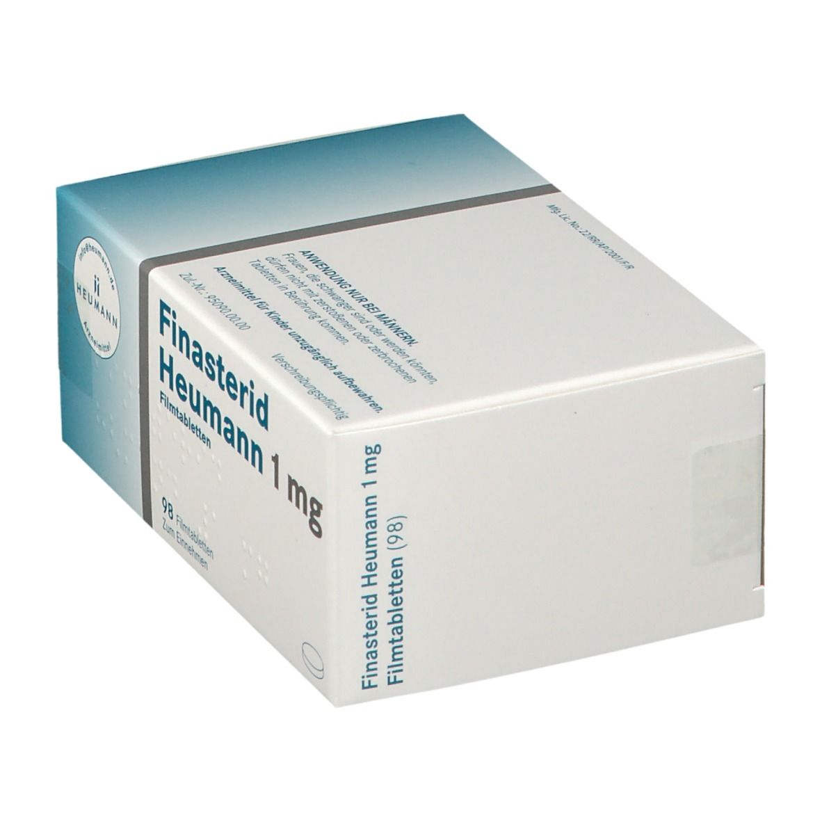Schachtel mit Finasterid Heumann 1 mg. Weiße Verpackung mit blauem Deckel. Produktname und Dosierung deutlich sichtbar.