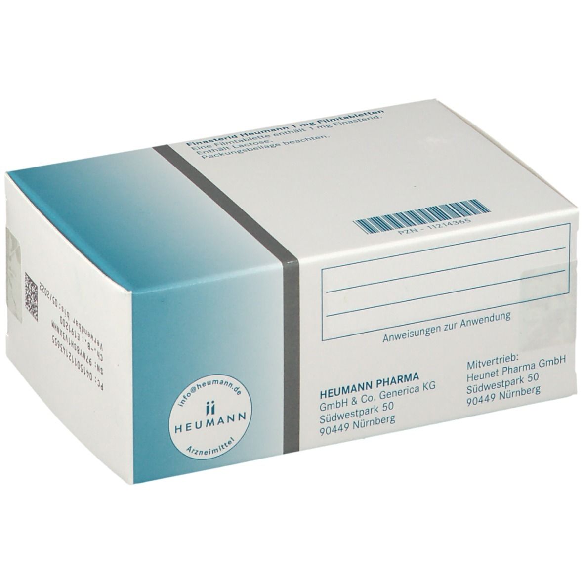 Rückseite der Schachtel mit Finasterid Heumann 1 mg. Informationen zu Hersteller und Anwendung. Weiße Verpackung.