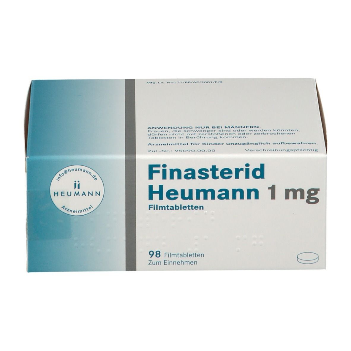 Schachtel Finasterid Heumann 1 mg. Weiße Verpackung mit blauem Deckel. Produktname, Dosierung und Tablettenanzahl.