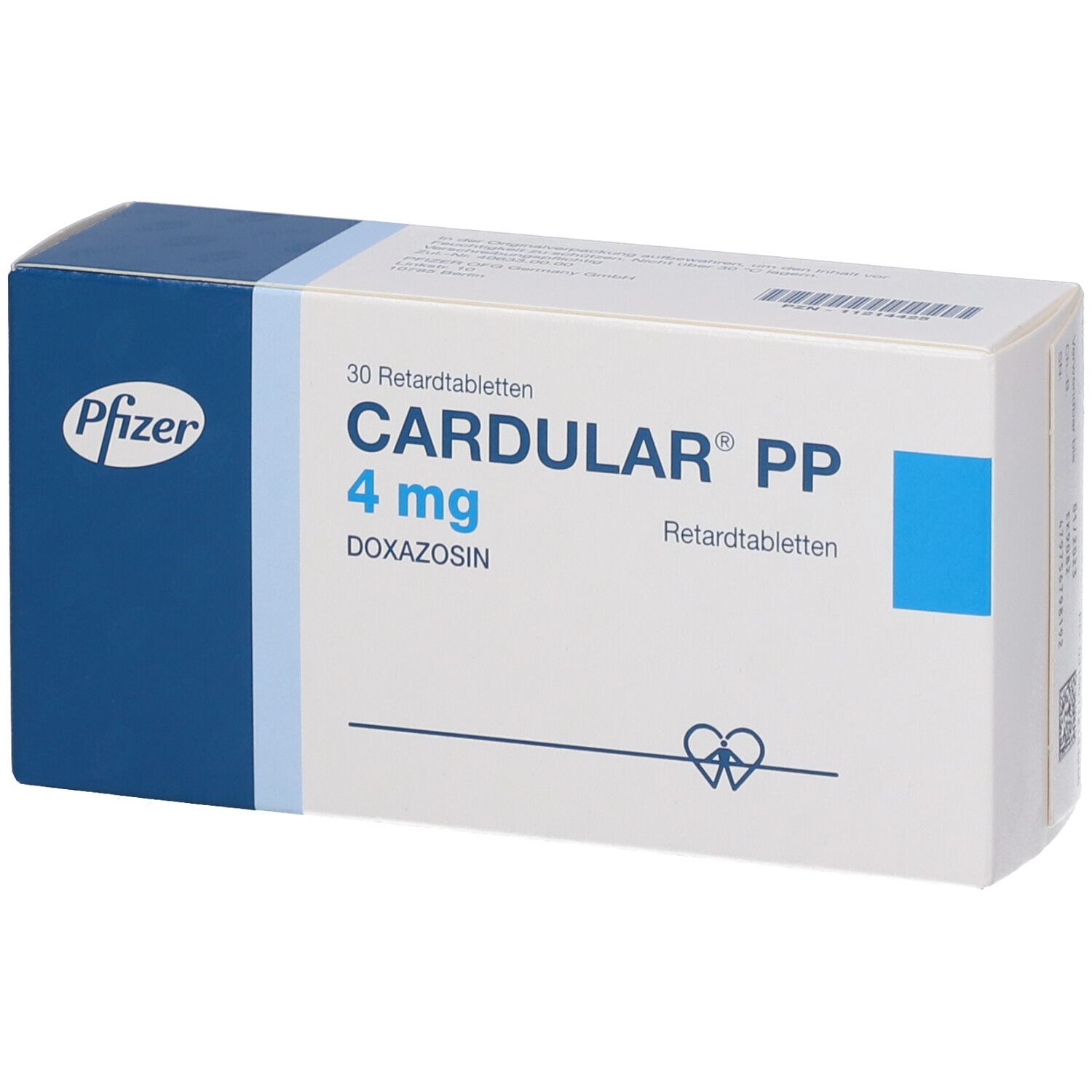 Schachtel mit CARDULAR PP 4 mg Retardtabletten. Blaue und weiße Verpackung mit Pfizer-Logo. 30 Tabletten.