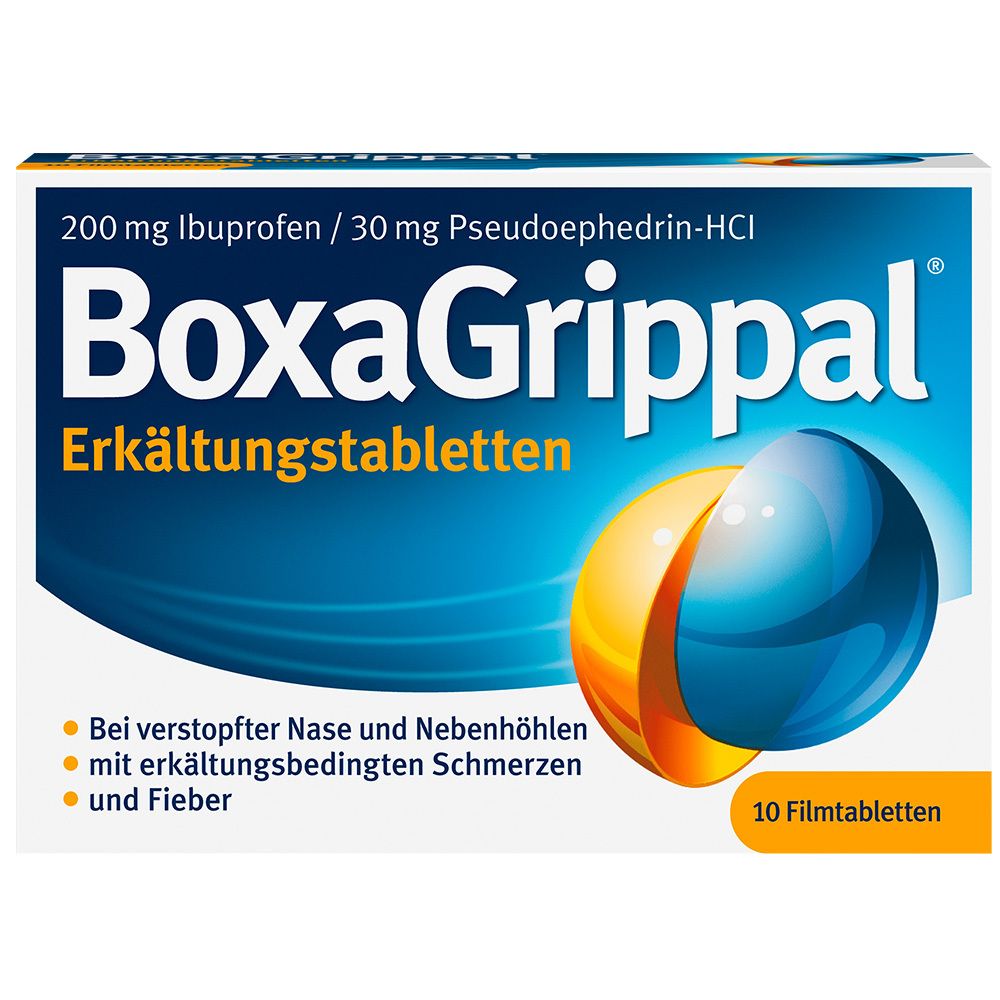Blisterpackung mit Tabletten. Aufschrift: BoxaGrippal, 200 mg Ibuprofen/30 mg Pseudoephedrin-HCl. Gelb-blaue Grafik. 10 Filmtabletten.