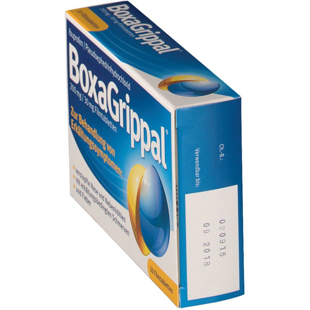 Schräg stehende Tablettenpackung. Aufschrift: BoxaGrippal, 200 mg Ibuprofen/30 mg Pseudoephedrin-HCl. Gelb-blaue Grafik. Haltbarkeitsdatum.