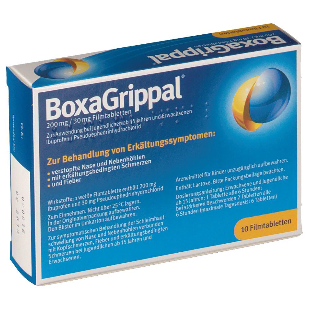 Geöffnete Tablettenpackung. Aufschrift: BoxaGrippal, 200 mg Ibuprofen/30 mg Pseudoephedrin-HCl. Gelb-blaue Grafik. 10 Filmtabletten.