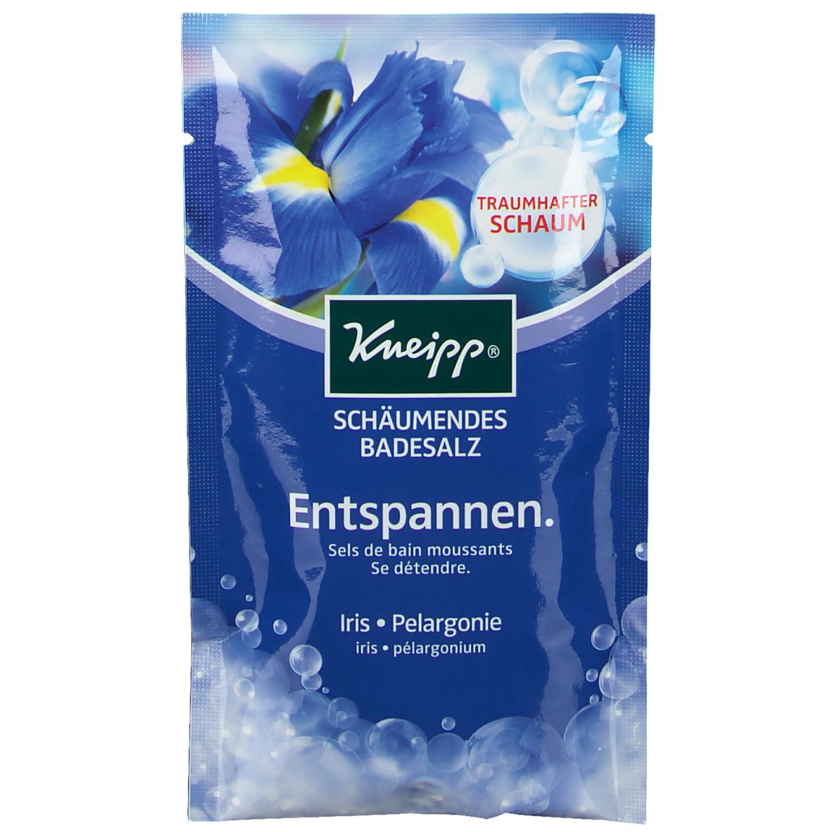Kneipp® Schäumendes Badesalz Entspannen. Blaue Verpackung mit Iris-Blüte. Text: Schäumendes Badesalz, Entspannen. Iris, Pelargonie.