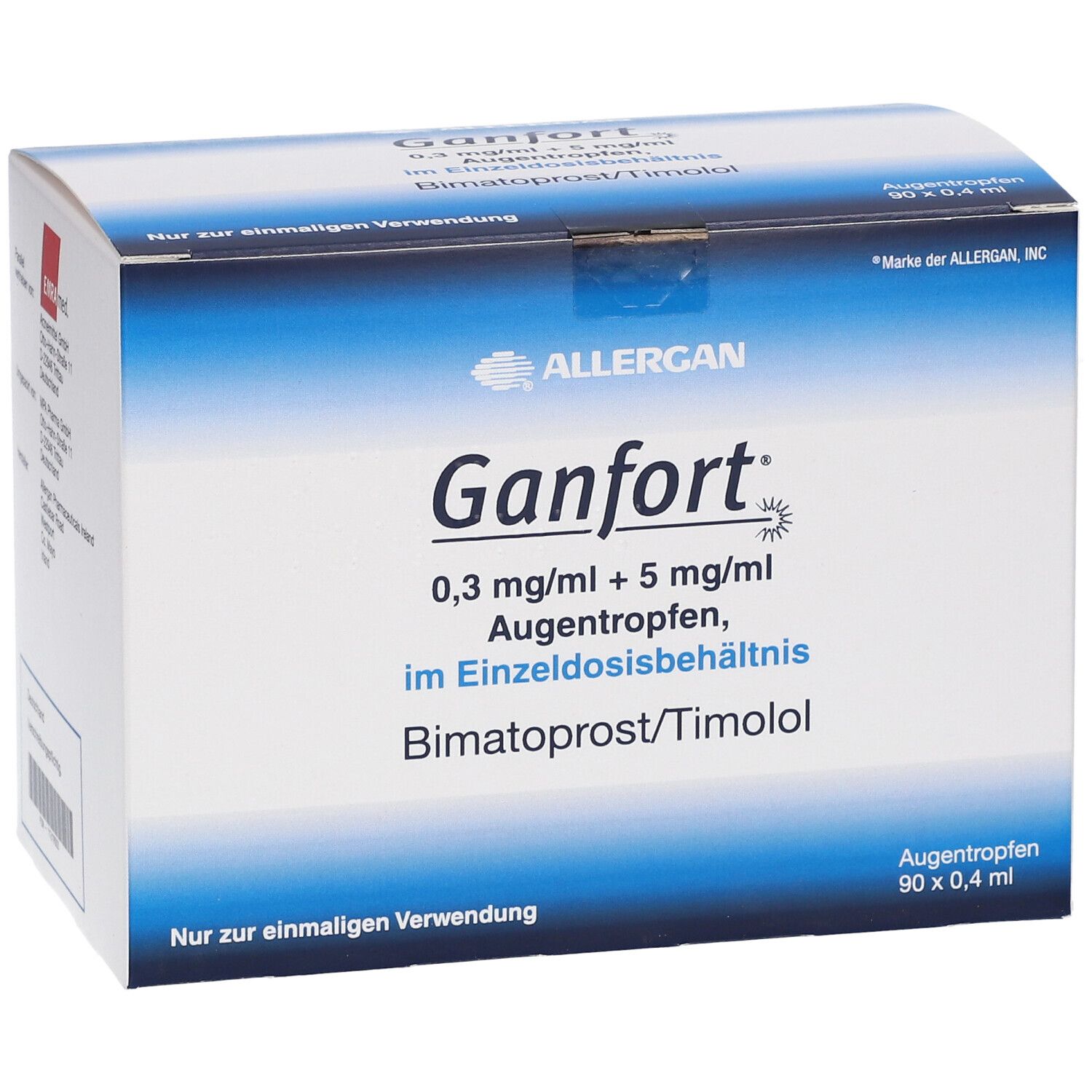 Weiß-blaue Faltschachtel mit Produktnamen Ganfort. Enthält Augentropfen. Marke Allergan. Text: 0,3 mg/ml + 5 mg/ml, im Einzeldosisbehältnis.