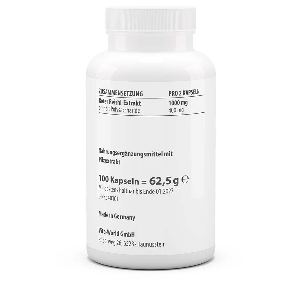 Rückseite der weißen Flasche. Text: Zusammensetzung, Roter Reishi Extrakt, 100 Kapseln, Mindesthaltbarkeit, Made in Germany.