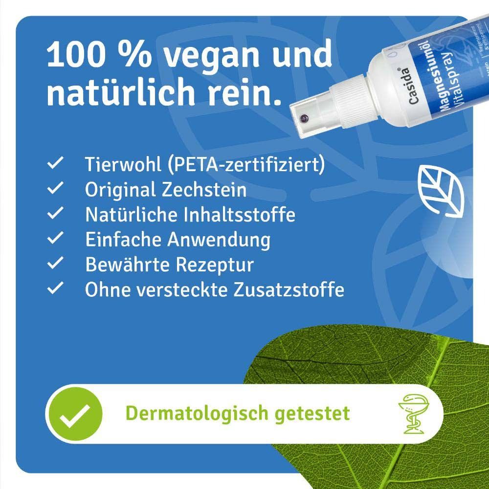 Blauer Hintergrund mit Text: 100% vegan und naturrein. Vorteile: PETA-zertifiziert, Original Zechstein, dermatologisch getestet.