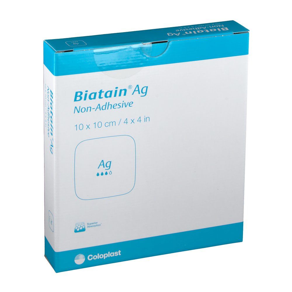 Verpackung von Biatain Ag, nicht-haftender Wundverband, 10x10 cm. Blaue und weiße Schachtel.