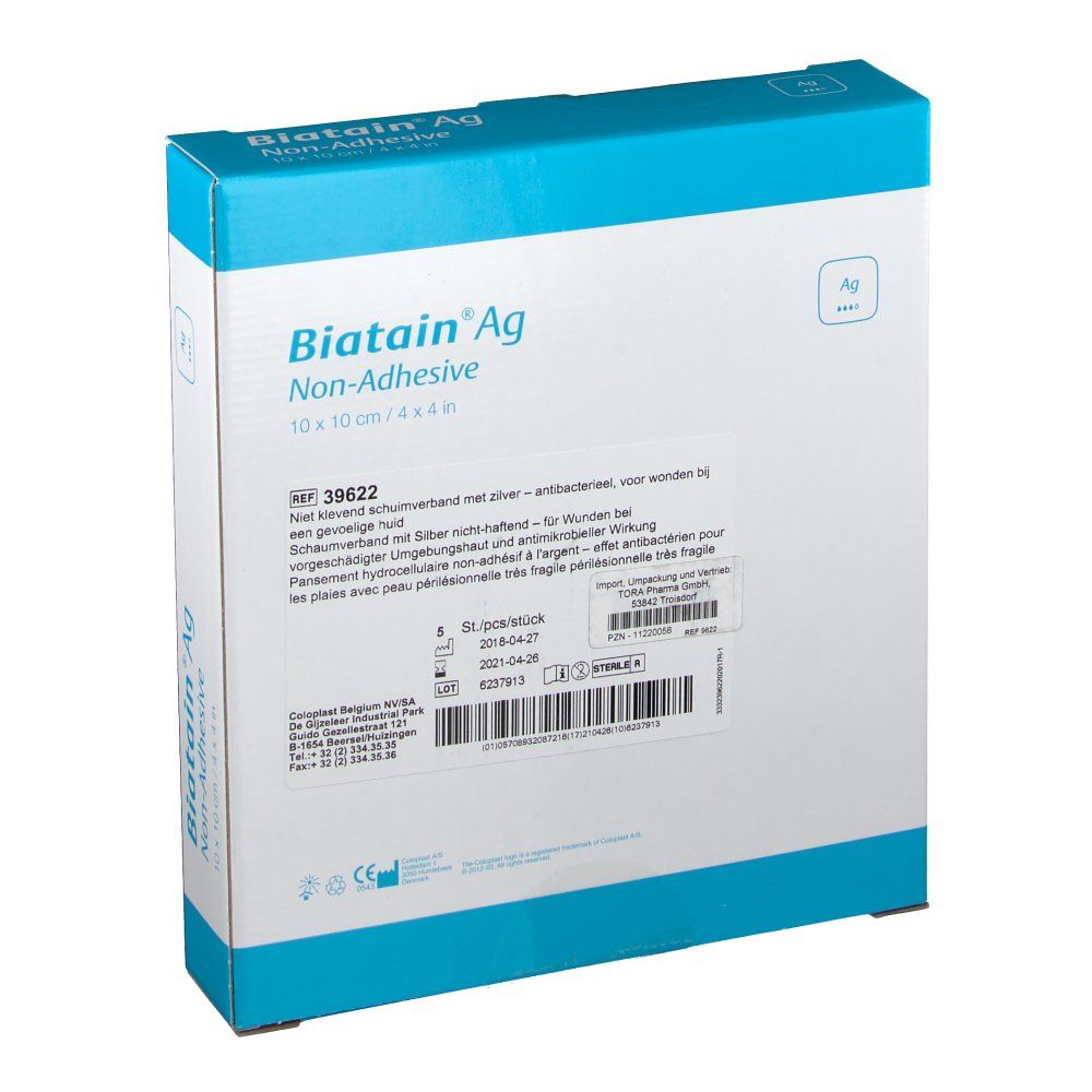 Rückseite der Biatain Ag Verpackung, nicht-haftender Wundverband, 10x10 cm. Text und Informationen.
