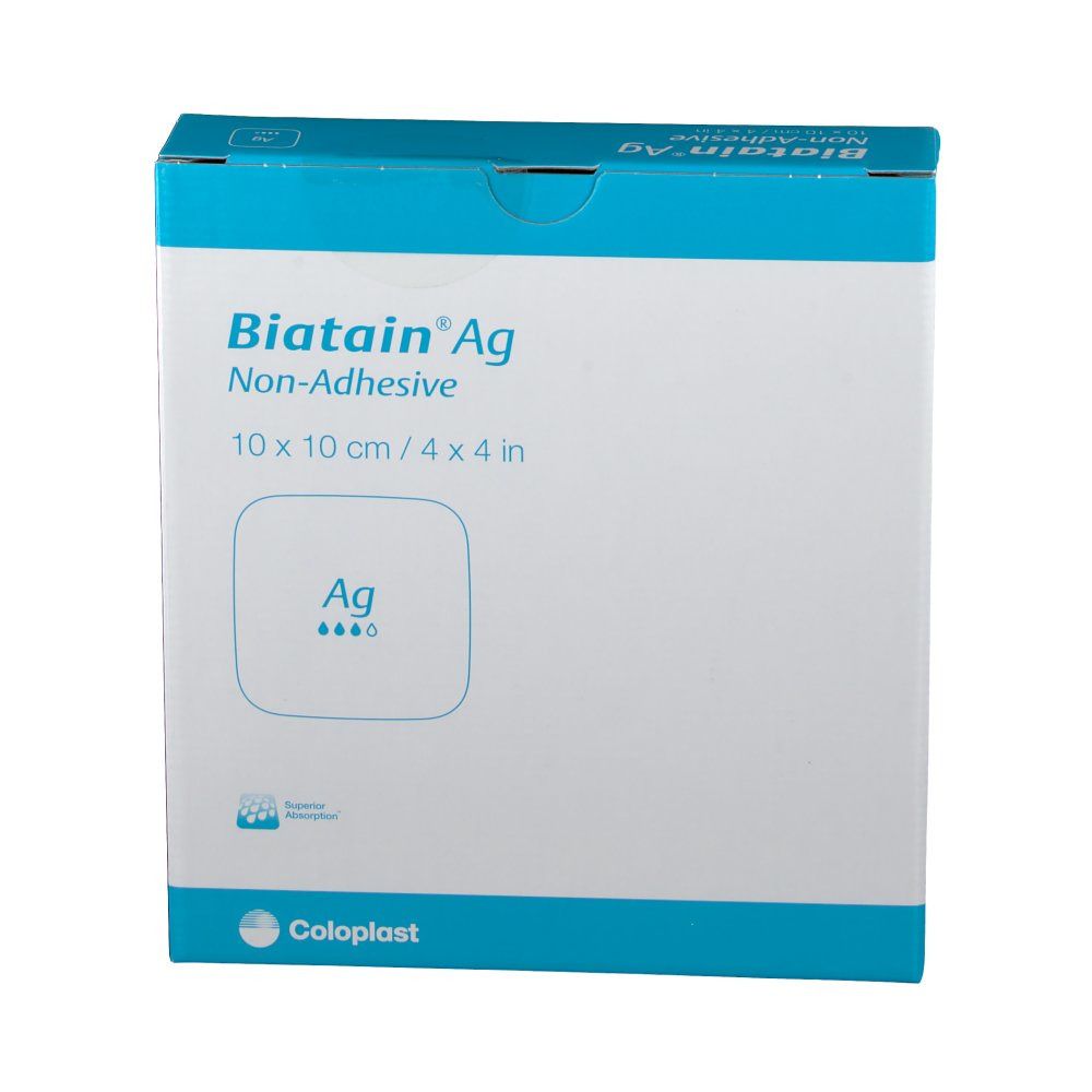 Biatain Ag Verpackung, nicht-haftender Wundverband, 10x10 cm. Blaue und weiße Schachtel.