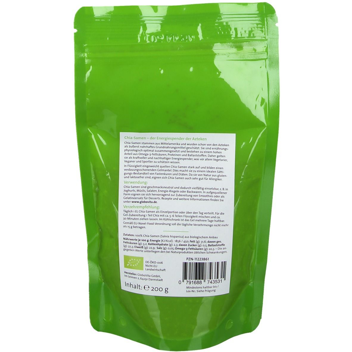 Rückseite des grünen Beutels mit duówell® Bio Chiasamen. Text und Informationen zur Nährwertangabe und Zertifizierung.