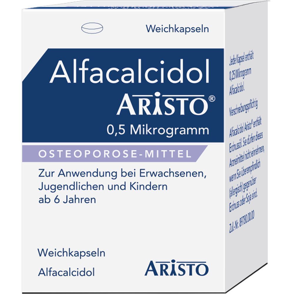Weichkapseln-Packung mit Produktnamen und Dosierung. Aufschrift: Osteoporose-Mittel. Marke: Aristo.