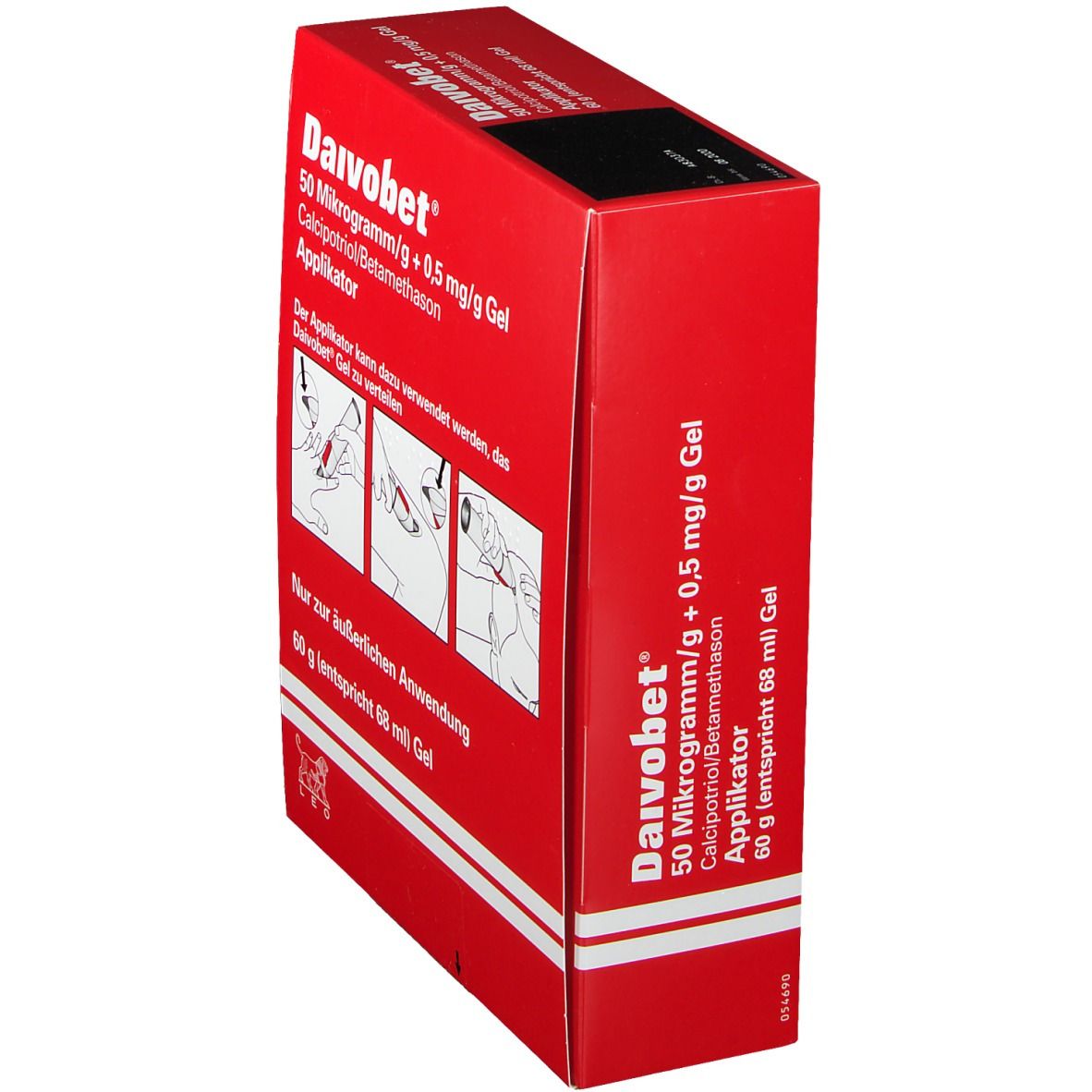 Rote Faltschachtel mit Produktinformationen. Aufschrift: Daivobet 50 Mikrogramm/g + 0,5 mg/g Gel Applikator. Illustrationen zur Anwendung.
