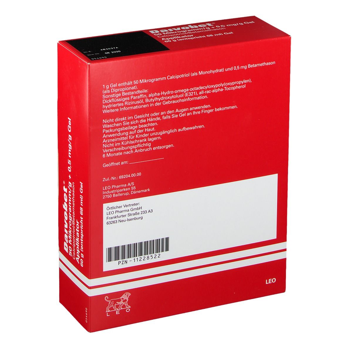 Rückseite der roten Faltschachtel. Enthält Produktinformationen und Herstellerangaben. Aufschrift: Daivobet 50 Mikrogramm/g + 0,5 mg/g Gel.